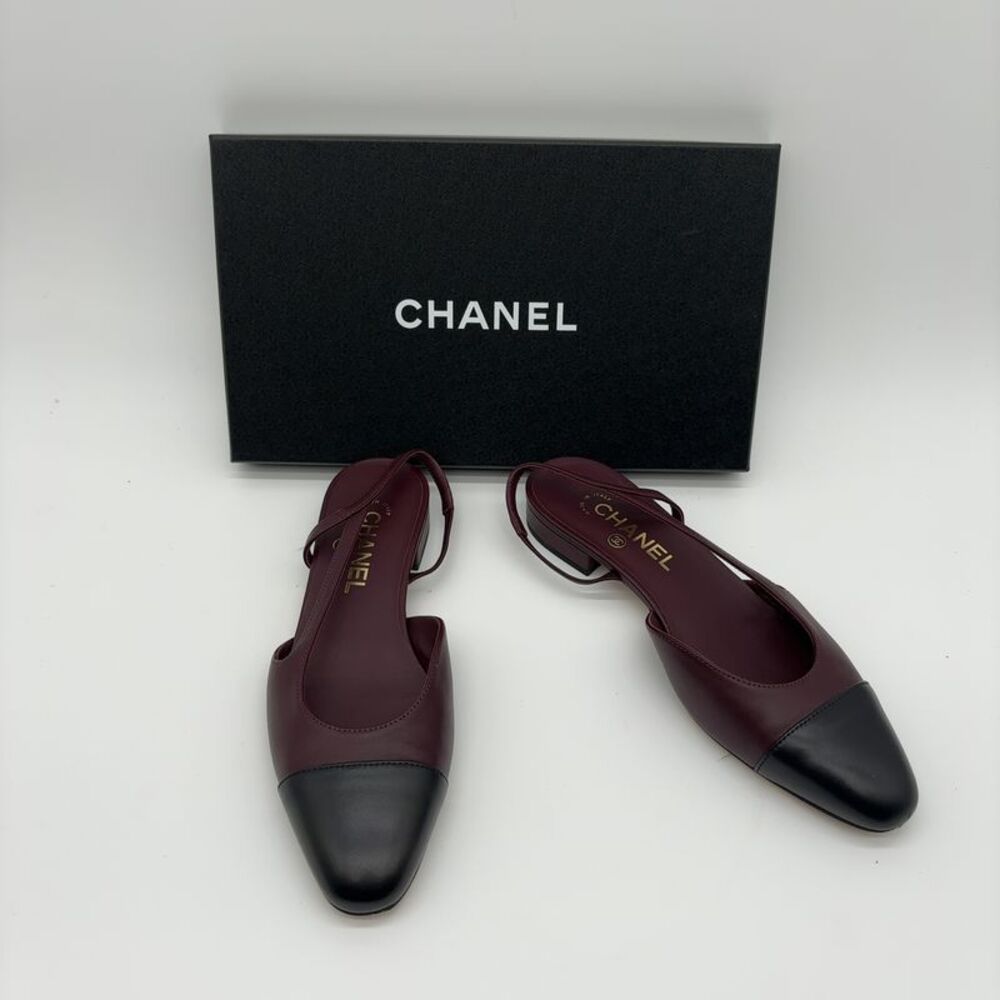 CHANEL Burgundy Cap Toe Slingback Flats (Sz 38)